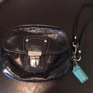 Coach black waxed leather wristlet